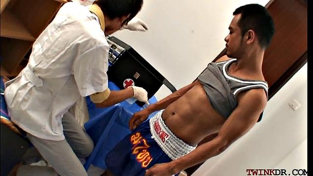 Inked Asian barebacked for cumshot by his doctor