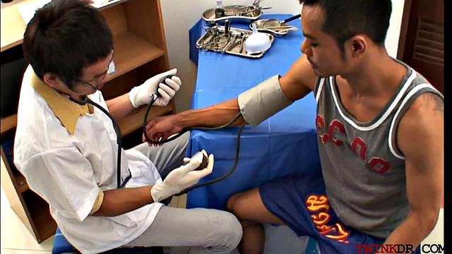 Inked Asian barebacked for cumshot by his doctor