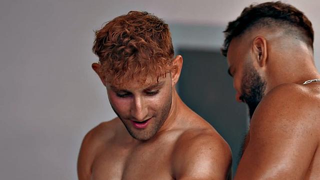 Eager muscled jock assfucks gym partner after rimjob