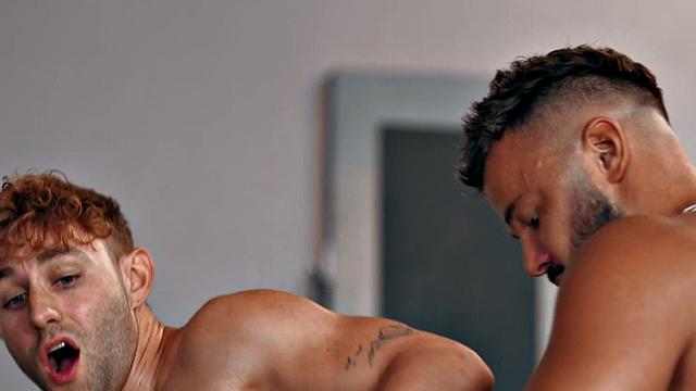 Eager muscled jock assfucks gym partner after rimjob