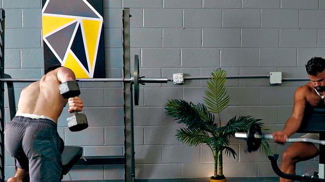 Eager muscled jock assfucks gym partner after rimjob