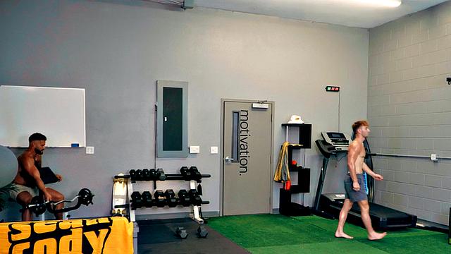 Eager muscled jock assfucks gym partner after rimjob