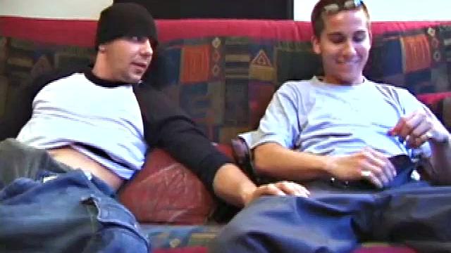 Brock Labelli and Bradley Shaw get naked and trade blow jobs on the sofa, before jerking off together. It's been a while since Brad has beat his meat, and he quickly shoots his load.