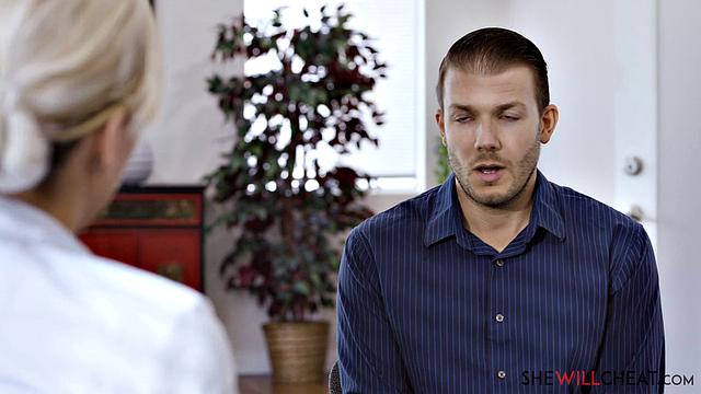 Busty blonde Nina Elle fucks her employee while cheating husband is out