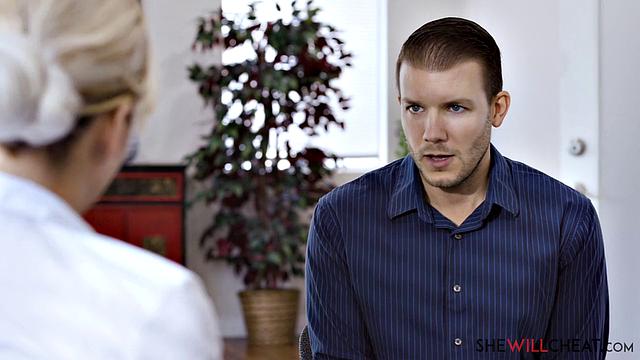 Busty blonde Nina Elle fucks her employee while cheating husband is out