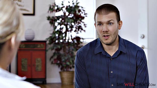 Busty blonde Nina Elle fucks her employee while cheating husband is out