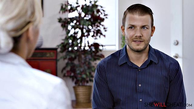 Busty blonde Nina Elle fucks her employee while cheating husband is out