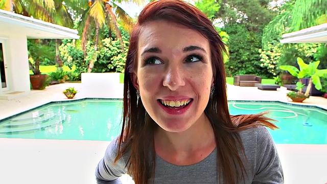 Get a kinky doggy-style pounding with a bald pussy and socks in reverse cowgirl action at the pool