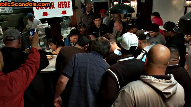 Public BDSM subs used in voyeur food fetish fuck