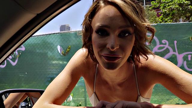 Hot babe with small tits hitchhikes and gets drilled from behind in reverse cowgirl