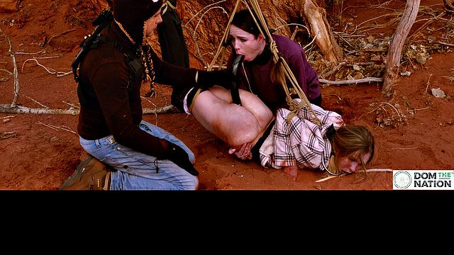 Degrading ass to mouth for girls tied to tree outdoors