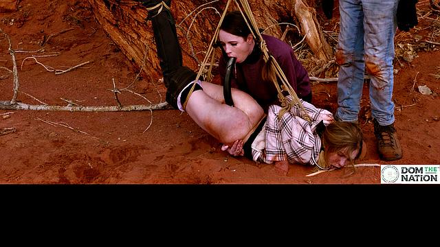 Degrading ass to mouth for girls tied to tree outdoors