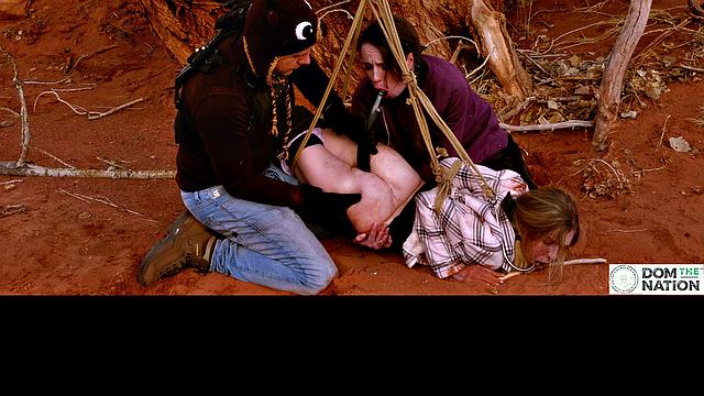 Degrading ass to mouth for girls tied to tree outdoors