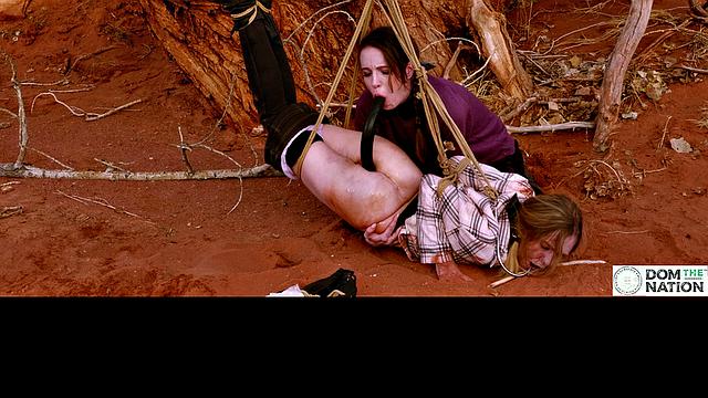 Degrading ass to mouth for girls tied to tree outdoors