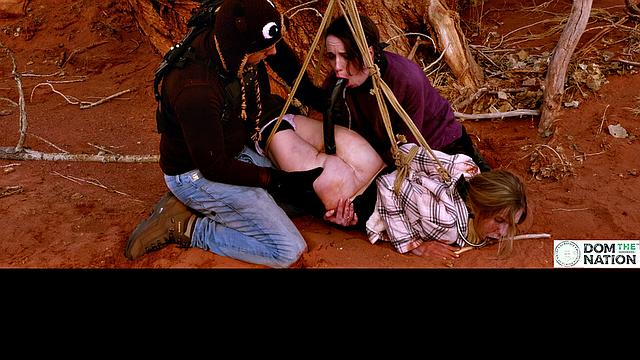 Degrading ass to mouth for girls tied to tree outdoors