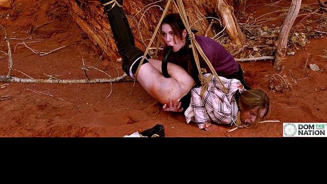 Degrading ass to mouth for girls tied to tree outdoors