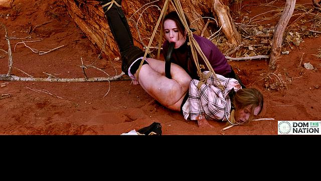 Degrading ass to mouth for girls tied to tree outdoors