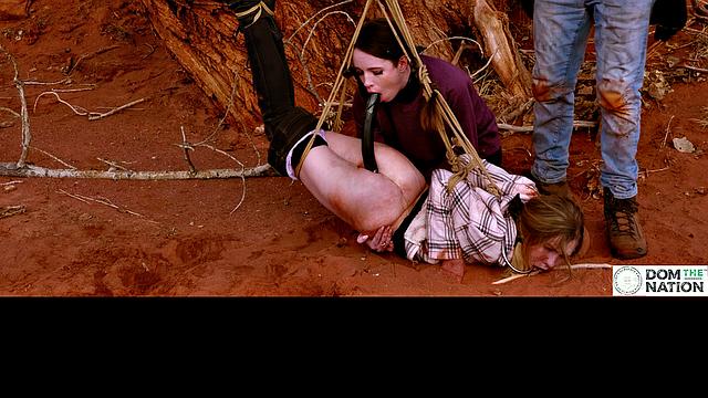 Degrading ass to mouth for girls tied to tree outdoors