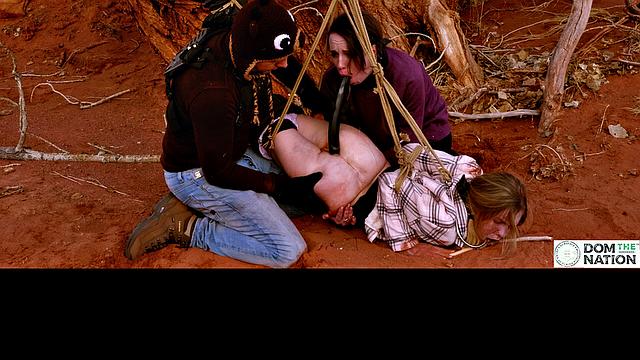 Degrading ass to mouth for girls tied to tree outdoors