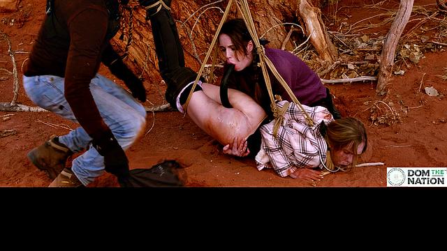 Degrading ass to mouth for girls tied to tree outdoors