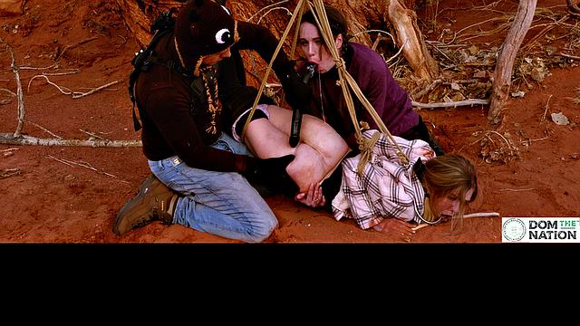 Degrading ass to mouth for girls tied to tree outdoors