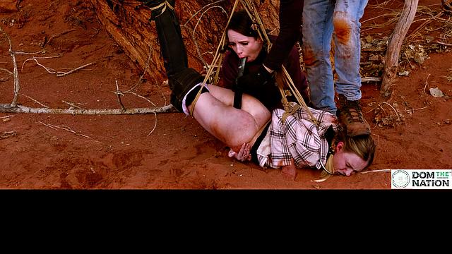 Degrading ass to mouth for girls tied to tree outdoors