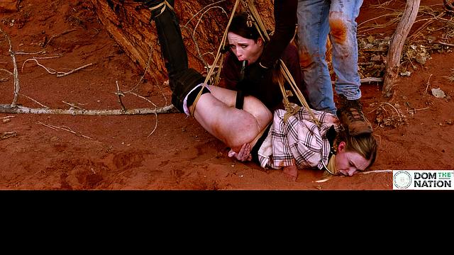 Degrading ass to mouth for girls tied to tree outdoors