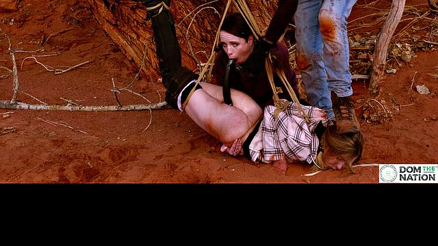 Degrading ass to mouth for girls tied to tree outdoors