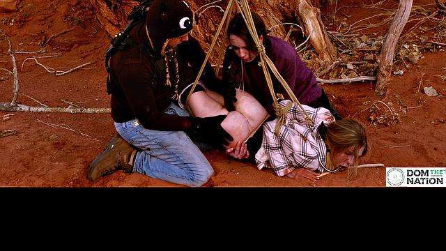 Degrading ass to mouth for girls tied to tree outdoors