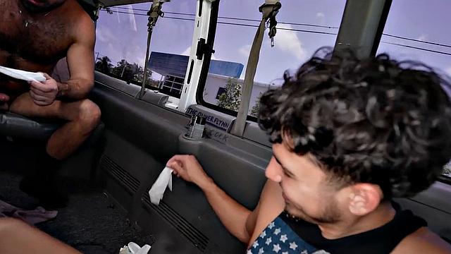 Massive jock fucks guy in public van outdoor for facial