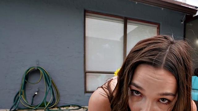 WAM big babe smashed in oiled pussy outdoors after BJ