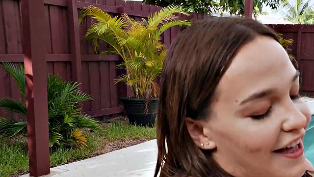 WAM big babe smashed in oiled pussy outdoors after BJ