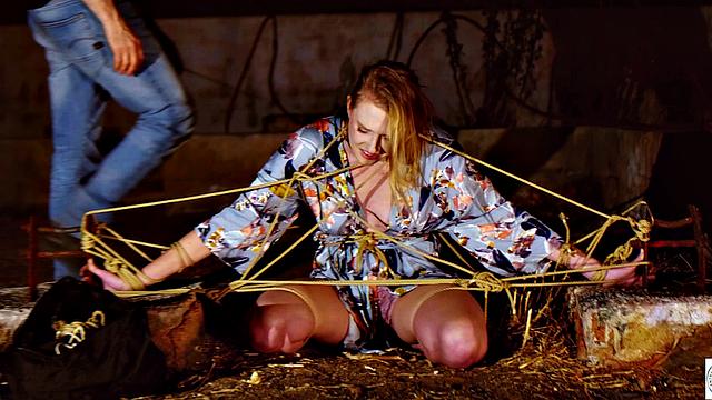 Tied up babe gets manhandled and nipples tweaked