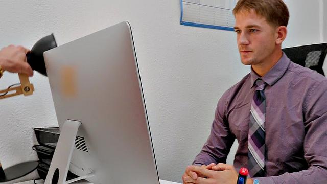 Office jock bent over by bulky top before missionary