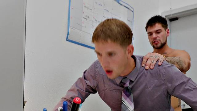 Office jock bent over by bulky top before missionary