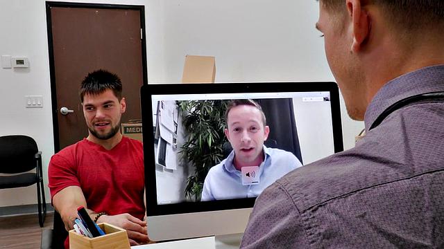 Office jock bent over by bulky top before missionary