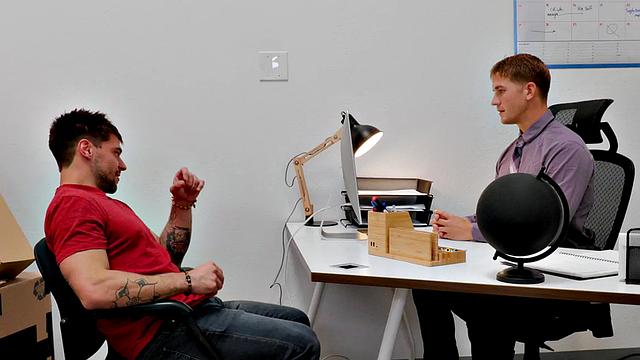 Office jock bent over by bulky top before missionary