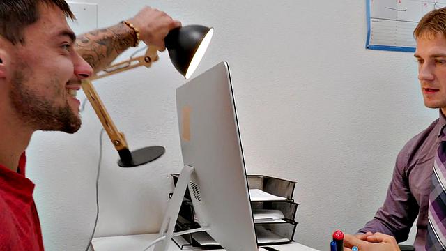 Office jock bent over by bulky top before missionary