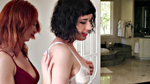 Brunette lesbians in lingerie indulge in kissing, pussy licking, and big-titted pussy fingering in the bedroom