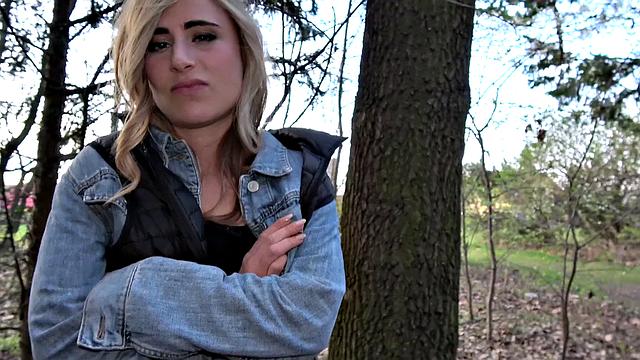 Blonde American babe gets paid for her work with a hot outdoor fuck and tugging