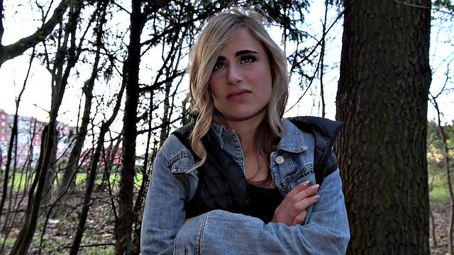 Blonde American babe gets paid for her work with a hot outdoor fuck and tugging