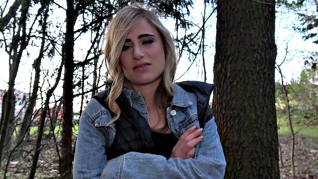 Blonde American babe gets paid for her work with a hot outdoor fuck and tugging