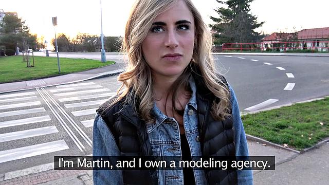 Blonde American babe gets paid for her work with a hot outdoor fuck and tugging