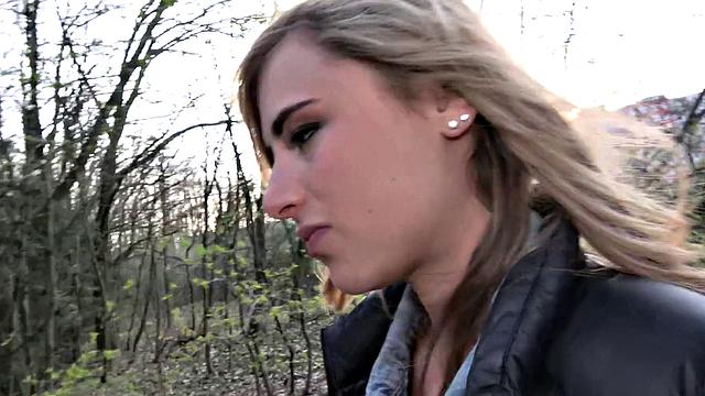 Blonde American babe gets paid for her work with a hot outdoor fuck and tugging