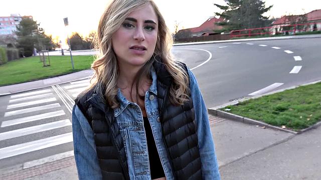 Blonde American babe gets paid for her work with a hot outdoor fuck and tugging