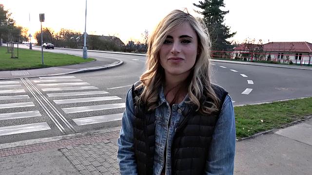 Blonde American babe gets paid for her work with a hot outdoor fuck and tugging