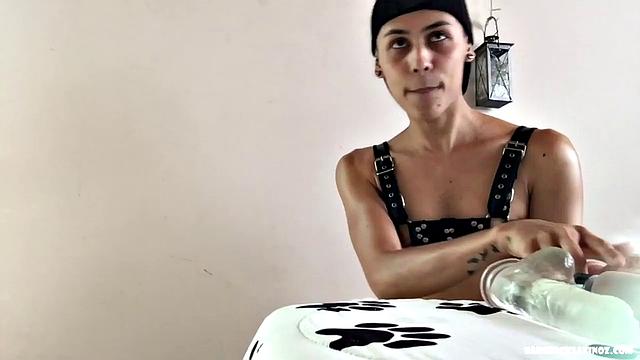 Zalar is a cute Latin twink, who has all his sex toys out for this solo jerk off. Standing, he works on a stiff one, while sampling one of his dildos. Then he smears oil all over his slim and smooth body, before getting back to the business at hand.