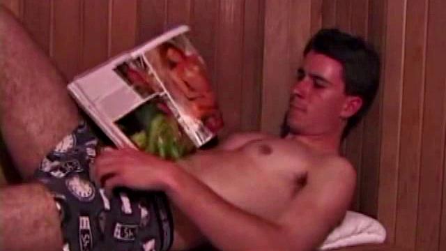 Eddy reclines in the sauna and looks at a porn magazine until a boner pops out of his shorts. Some serious stroking makes him bust a huge nut. Eddy then showers and poses naked for us.