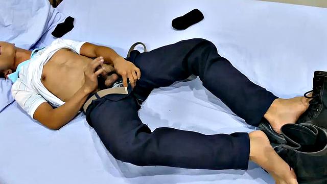 This horny rookie cop is just 22 and fresh out of the academy. His foot fetish has branched off into leather boot, and he loves to have a fetish jerk off when he gets home from work.