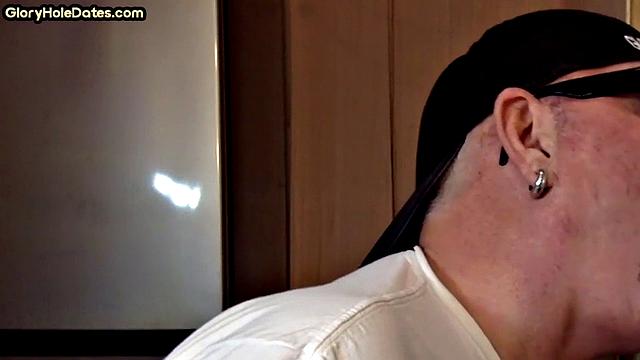 Gloryhole amateur DILF gives closeup blowjob and handjob